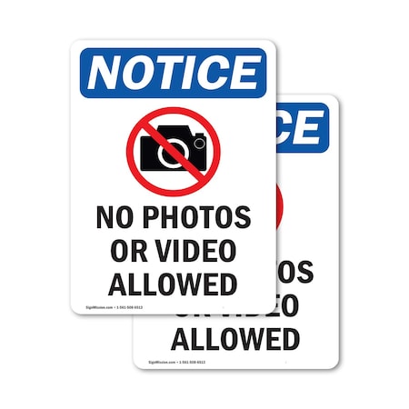 Signmission No Photos Or Video Allowed Sign With Symbol, 7 in W x Rectangle, Vinyl Decal OS-2PACK-NS-D-710-V-14753